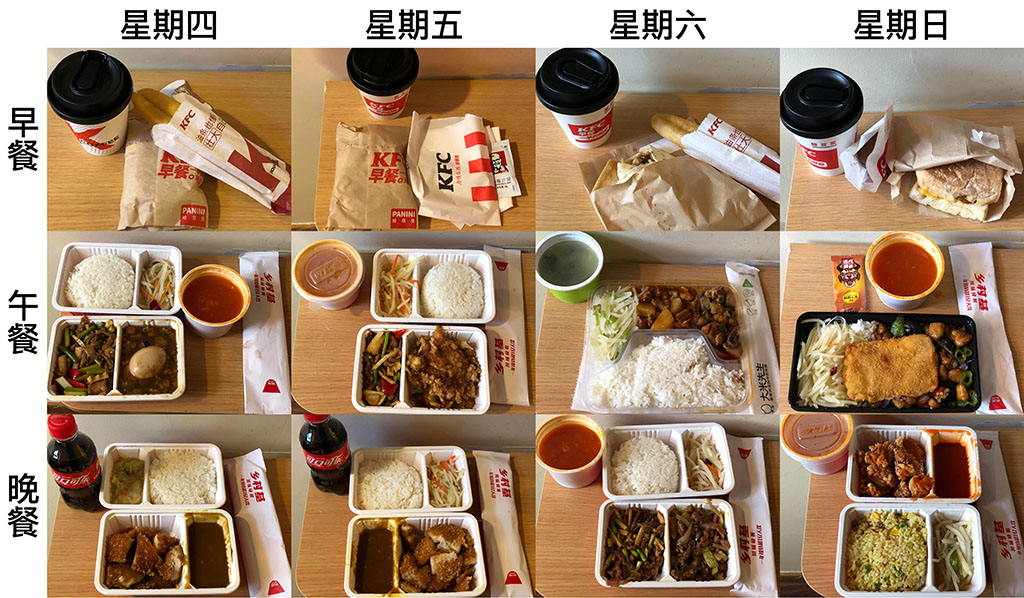 在重慶隔離旅館的三餐菜色：星期四到星期日